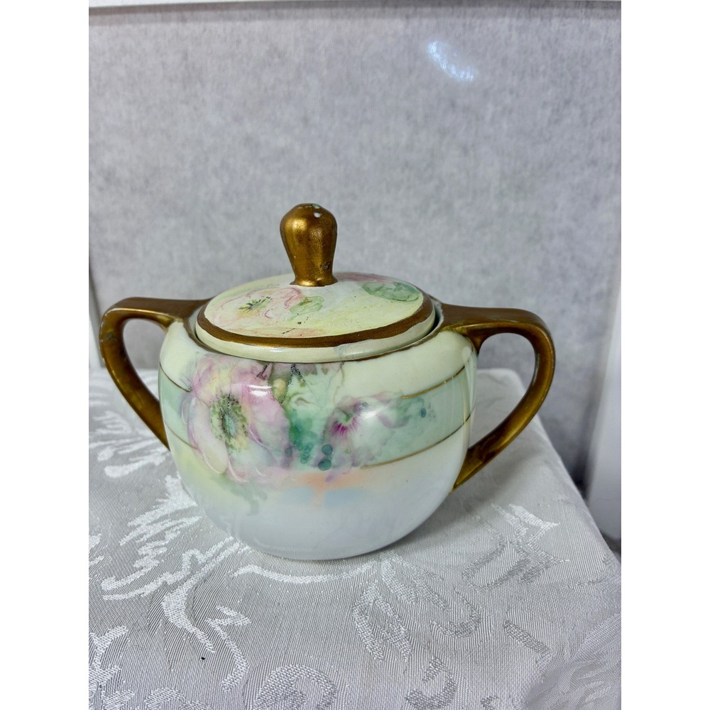 Royal Rudolstadt Prussia Porcelain Lidded Sugar Bowl Floral Gold Gilt Vintage